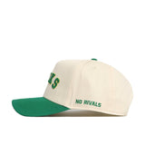 The Right Side Up Ducks Hat - Oregon - Classic by No Rivals is a cream snapback baseball cap with a green brim and top button, finished with an embroidered NO RIVALS logo in green thread on the side for a bold look.