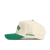 The No Rivals Upside Down Oregon Hat - Classic features a cream crown, green brim and button, and "NO RIVALS" embroidered in green on the side—a perfect snapback for your gameday fit.
