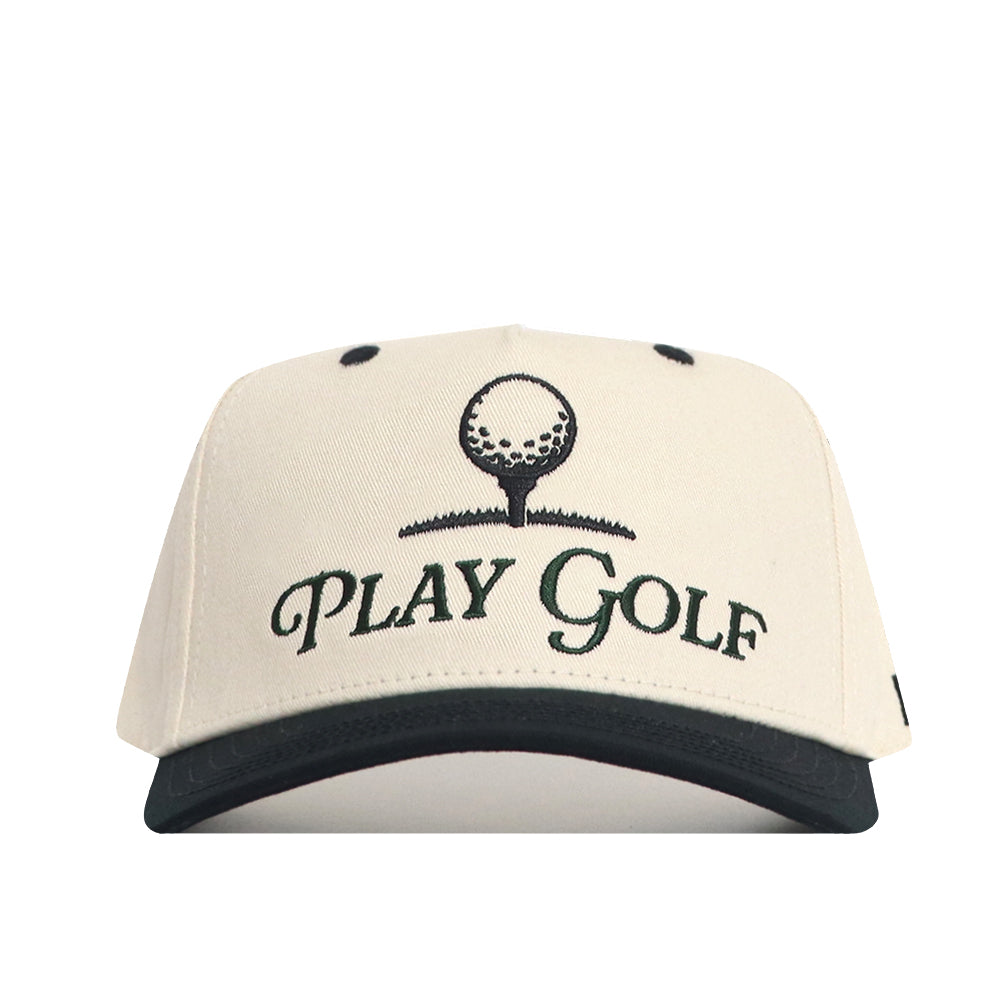 The No Rivals Play Golf Hat - Teed Up - Classic Black features a white crown, black brim, embroidered golf ball on tee above "PLAY GOLF" in green, and an adjustable snap back for comfort.