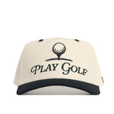 The No Rivals Play Golf Hat - Teed Up - Classic Black features a white crown, black brim, embroidered golf ball on tee above "PLAY GOLF" in green, and an adjustable snap back for comfort.