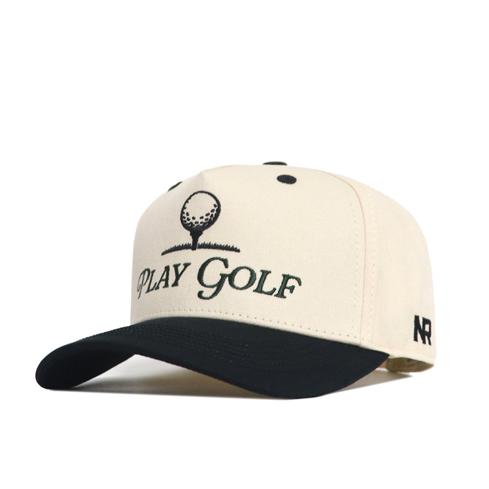 The No Rivals Play Golf Hat - Teed Up - Classic Black is a beige and black cap with an official Play Golf and golf ball logo on the front, NR on the side, and a snap back for a perfect fit.