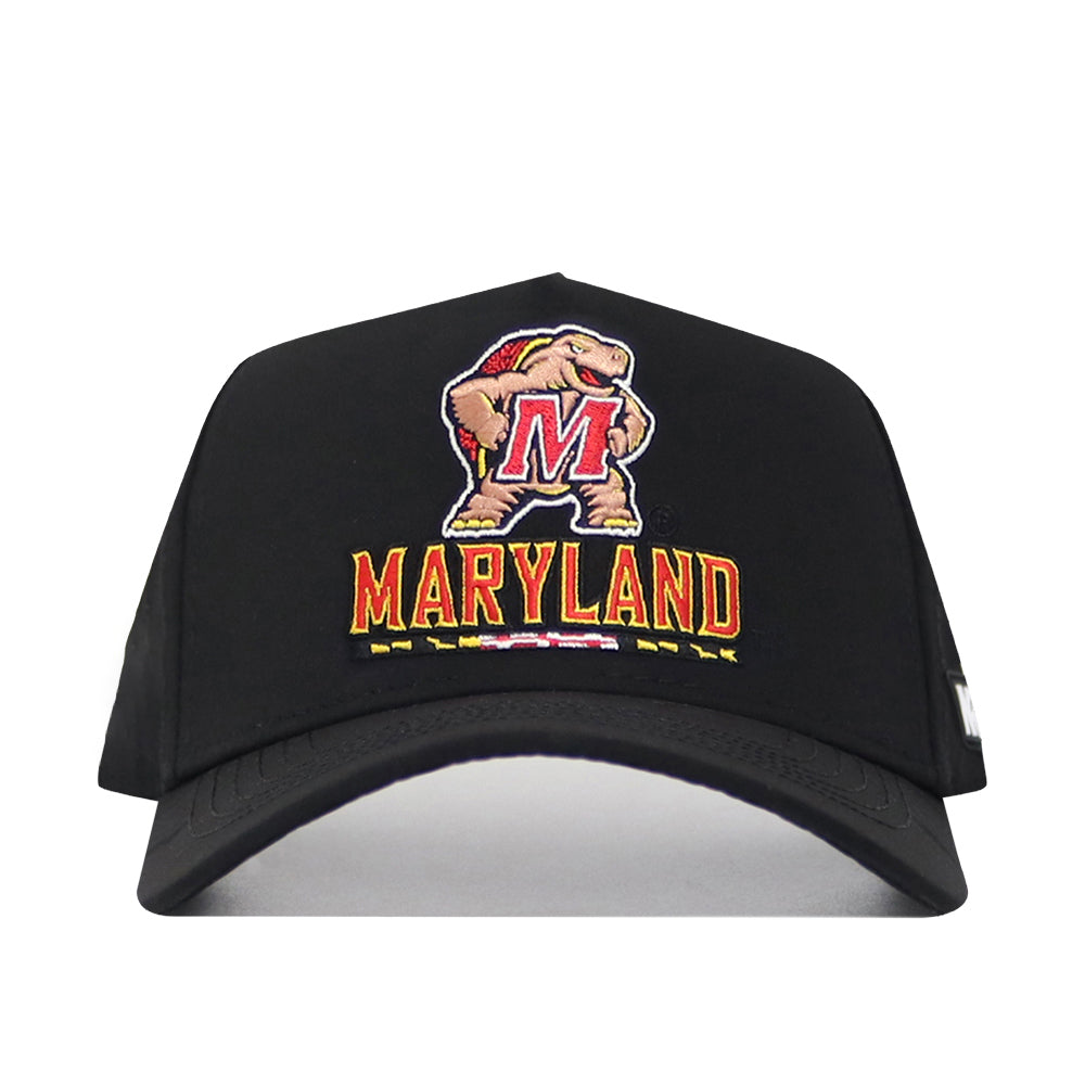 The No Rivals Maryland Golf Hat - Black features the University of Maryland mascot, Testudo, above "MARYLAND" embroidered in red, yellow, and white, and has a snap back closure for an adjustable fit.