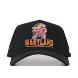 The No Rivals Maryland Golf Hat - Black features the University of Maryland mascot, Testudo, above "MARYLAND" embroidered in red, yellow, and white, and has a snap back closure for an adjustable fit.
