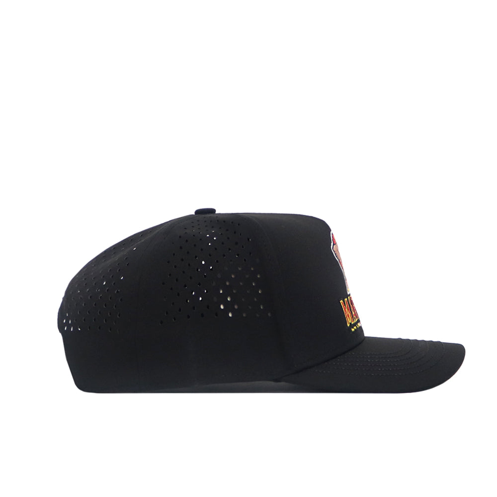 Side view of the No Rivals Maryland Golf Hat in black, a snap back baseball cap with ventilation holes on the back and sides, and colorful embroidered graphics on the front panel.