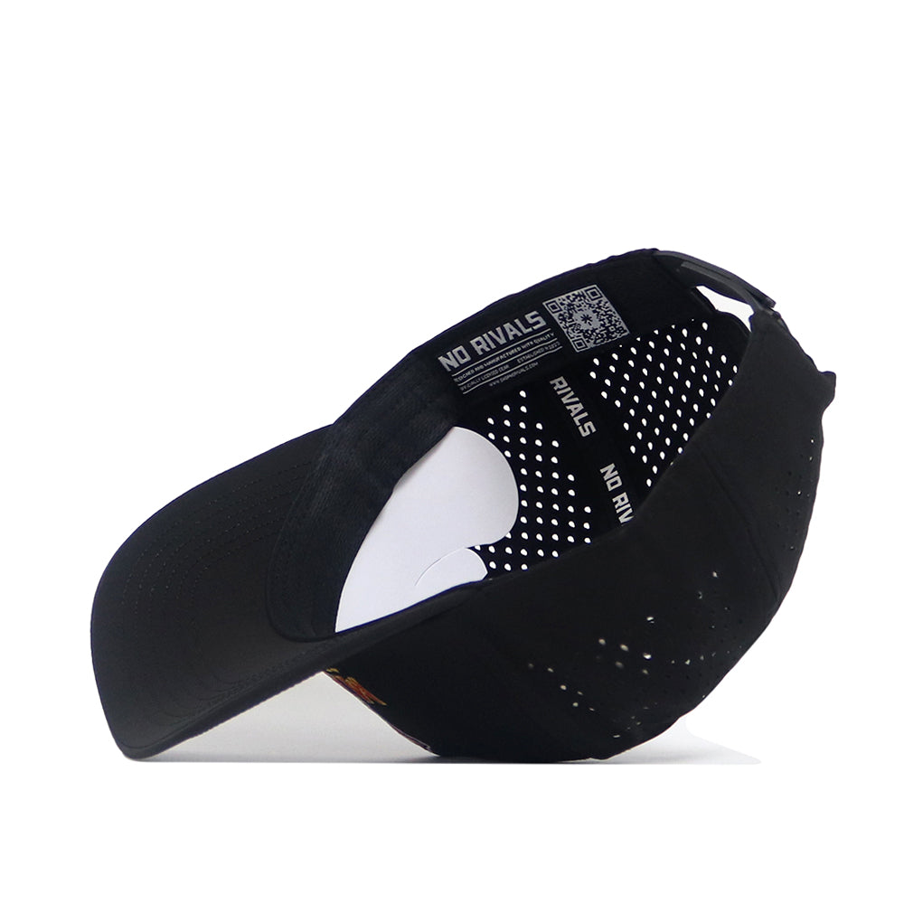 The Maryland Golf Hat - Black by No Rivals is a snapback cap shown upside down, displaying its mesh lining with white dots, embroidered graphics, “NO RIVALS” on the inner band, and a QR code near the adjustable strap.