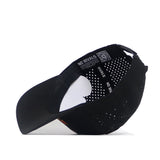 The Maryland Golf Hat - Black by No Rivals is a snapback cap shown upside down, displaying its mesh lining with white dots, embroidered graphics, “NO RIVALS” on the inner band, and a QR code near the adjustable strap.