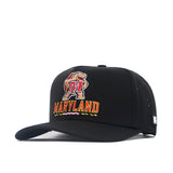 The No Rivals Maryland Golf Hat - Black features Testudo the terrapin and "Maryland" embroidered in red and yellow on the front, plus a snap back closure for an adjustable fit.