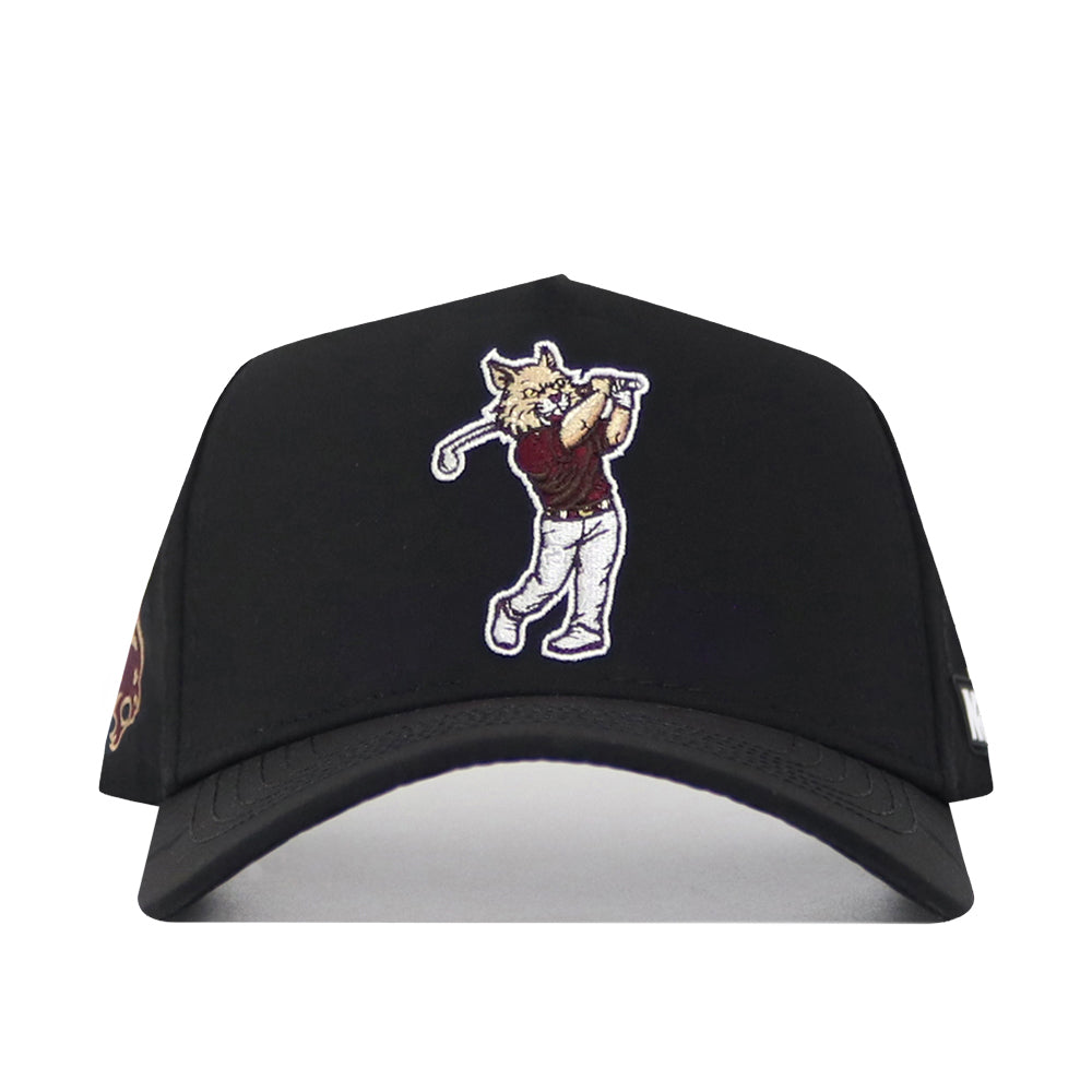 The No Rivals Texas State Golf Hat - Black features embroidered graphics of a cartoon wildcat in a maroon shirt and white pants swinging a golf club, plus a snap back adjustment for the perfect fit.