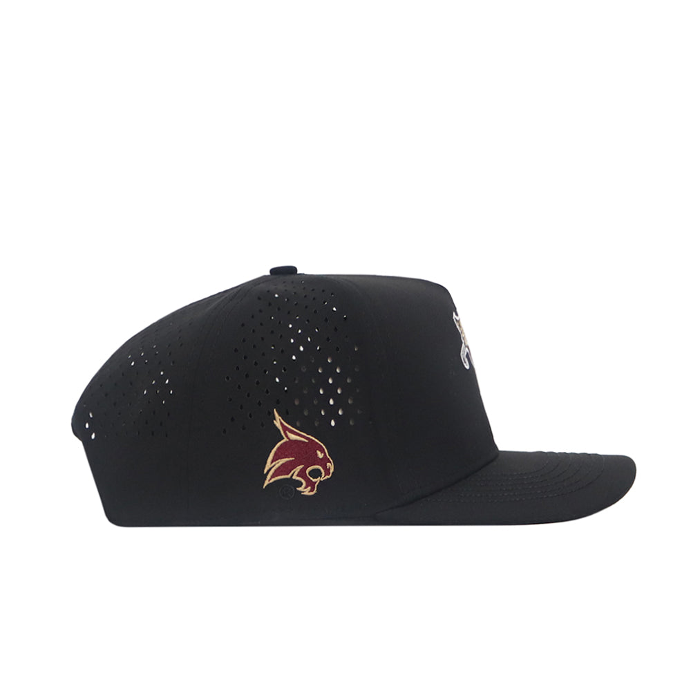 The No Rivals Texas State Golf Hat in black features small perforated holes and an embroidered maroon and gold bobcat logo on the side, shown in a left-side profile view against a white background.