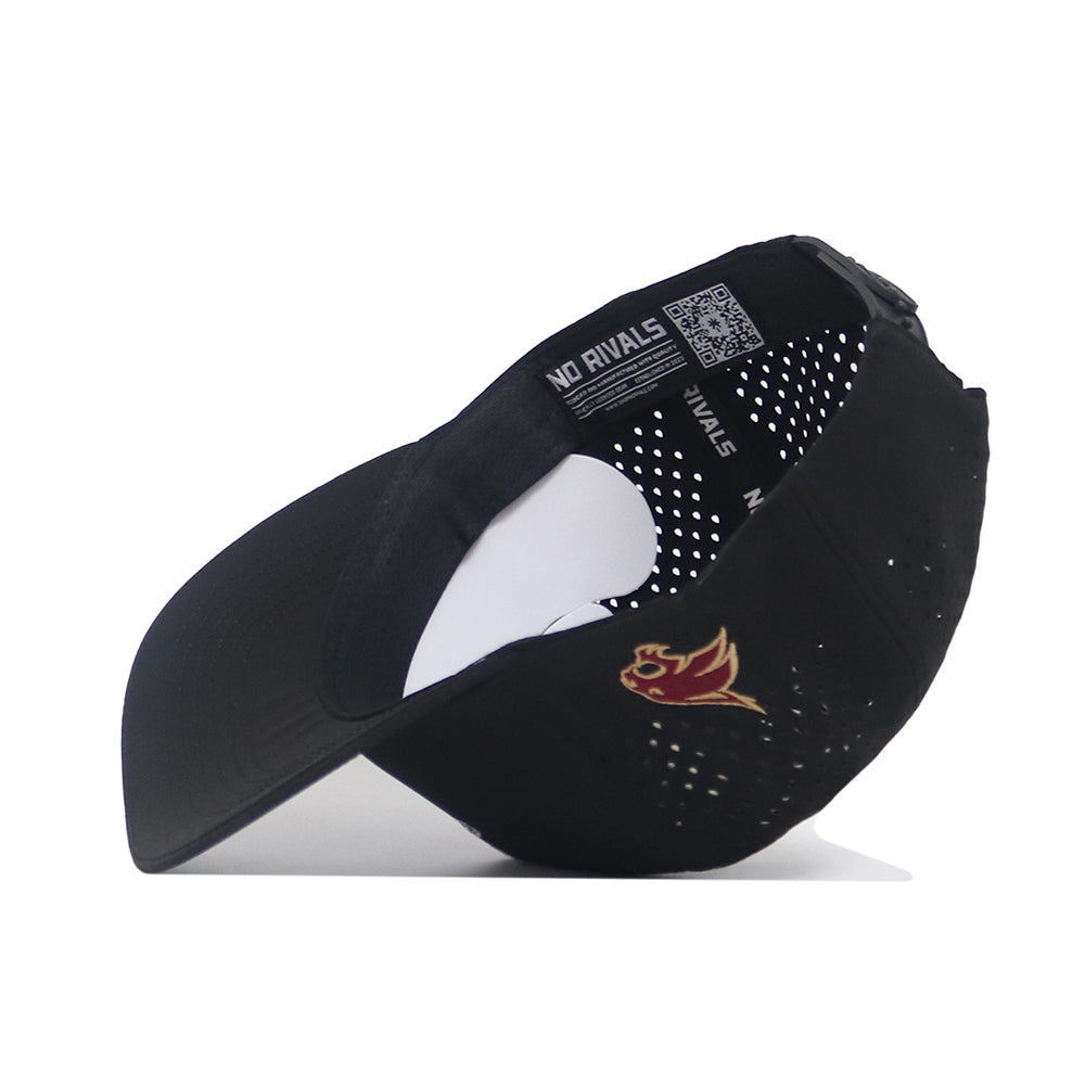 The No Rivals Texas State Golf Hat - Black is shown upside down, featuring a red and gold flame embroidery on the side, perforated ventilation holes, a curved brim, and branded details on the inner band.