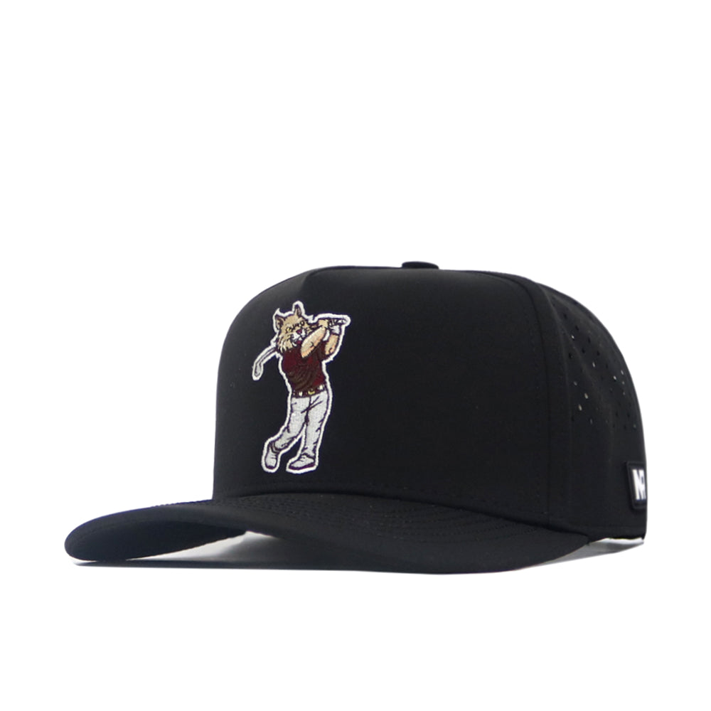 The No Rivals Texas State Golf Hat - Black features bold embroidered graphics of a cat in a red shirt swinging a golf club on the front and is finished with a classic snapback closure for an adjustable fit.