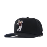 The No Rivals Texas State Golf Hat - Black features bold embroidered graphics of a cat in a red shirt swinging a golf club on the front and is finished with a classic snapback closure for an adjustable fit.