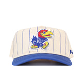 The No Rivals Kansas Pinstripe Hat features a cream base with blue pinstripes, a blue brim, and an embroidered Jayhawk mascot with KU lettering on the front. A blue N logo appears on the left side.