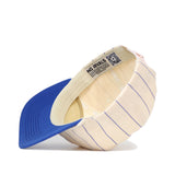 The No Rivals Kansas Pinstripe Hat features a blue brim, cream crown with thin blue stripes, an adjustable snapback, woven sweatband, and an inside “NO RIVALS” label with QR code.