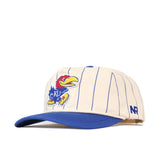 The Kansas Pinstripe Hat by No Rivals is a cream snapback cap with blue pinstripes, an official embroidered bird mascot, KU on the side, a blue bill, and NR stitched on the left.