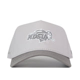 The No Rivals NDSU Graphite Hat features a light gray snapback design with an embroidered NDSU logo and bison mascot on the front in white and gray thread—shown from the front view, it’s perfect for finishing your gameday fit.