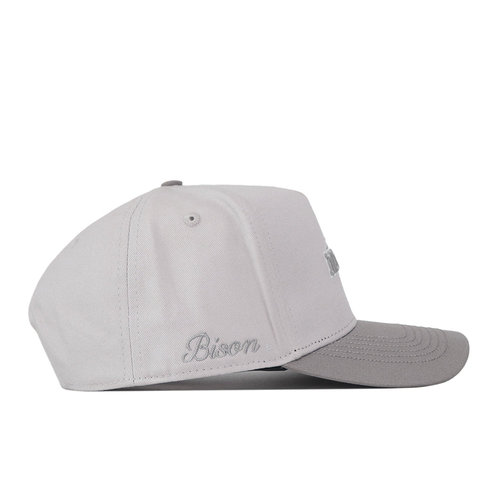 Introducing the NDSU Graphite Hat by No Rivals: this sleek snapback features a light gray crown with a slightly darker graphite brim. The word “Bison” is thoughtfully embroidered in cursive near the back left side, accenting the subtle, complementary logo design. Photographed in side profile against a clean white background, this stylish accessory is perfect for elevating your next gameday fit.