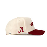 No Rivals’ Upside Down ALABAMA Hat - Classic Colors features a cream snapback, crimson brim, red scripted A on the side, small NR tag near the back, and partial crimson text on the front for a timeless look.
