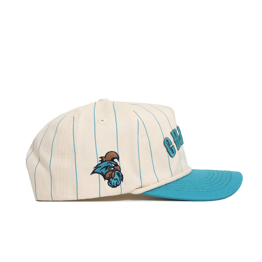 The No Rivals Coastal Carolina Walk Off Hat features cream pinstripes, a teal brim, partial teal front lettering, and a teal/brown mascot logo on the side, all crafted from soft cotton fabric.