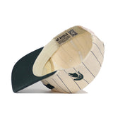 The Michigan State Walk Off Hat by No Rivals is a snapback featuring a cream crown with thin black pinstripes, dark green brim, and soft cotton. "NO RIVALS" and a QR code are on the inner band. The adjustable cap is shown lying on its side.