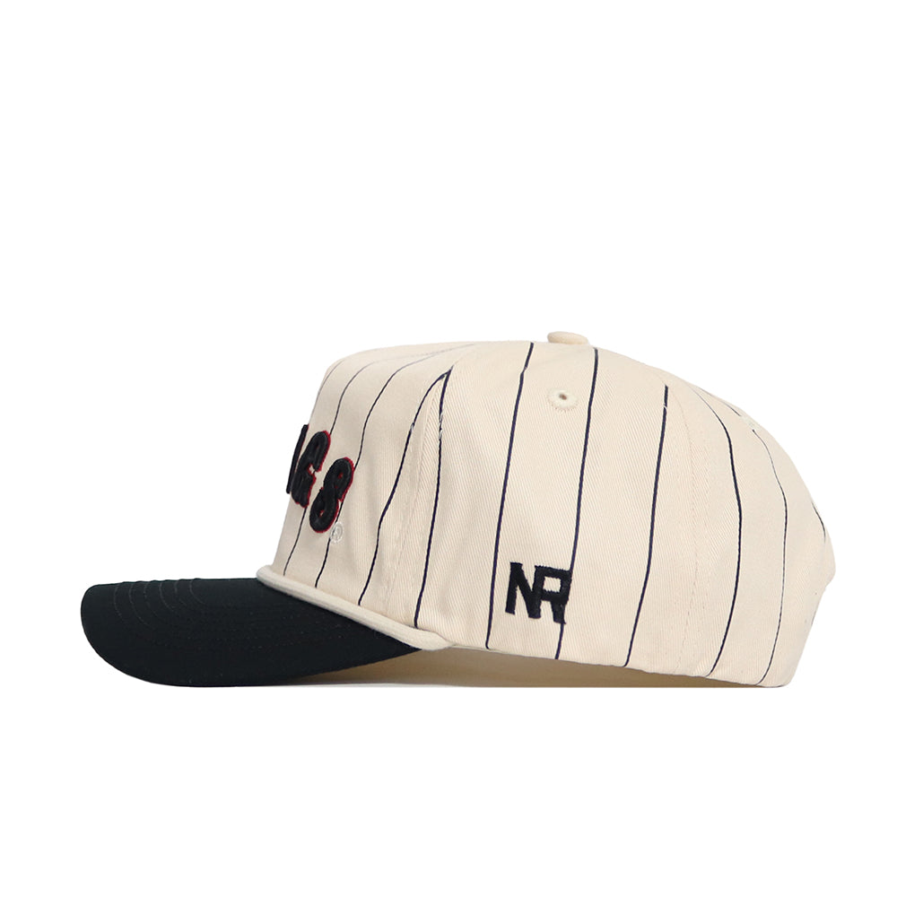 The No Rivals Georgia Walk Off Hat is cream-colored with thin black stripes, a black brim, "NR" embroidered on the side, and raised black letters outlined in red on the front. Made from high quality cotton for long-lasting comfort.