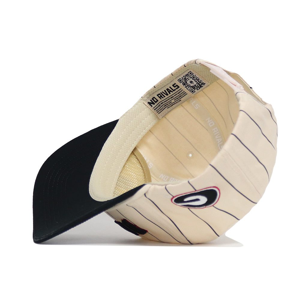 The Georgia Walk Off Hat by No Rivals is a cream snapback baseball cap with thin black stripes, a black visor, and a side G logo. Made from high-quality cotton with an unstructured fit, it features a NO RIVALS band and inner QR code.