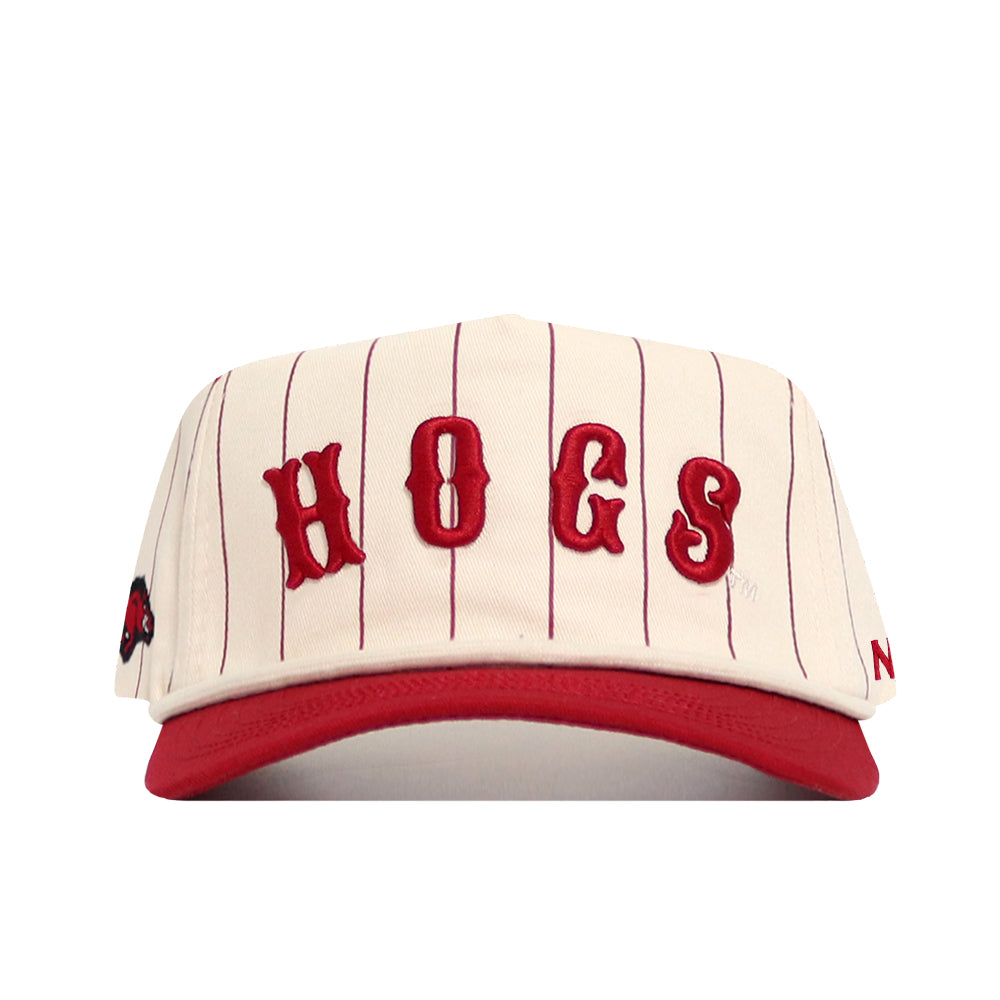 The No Rivals Arkansas Walk Off Hat features a cream unstructured fit with vertical red pinstripes, red embroidered HOGS on the front, a red brim, left-side logo, and an adjustable cotton design for style and comfort.