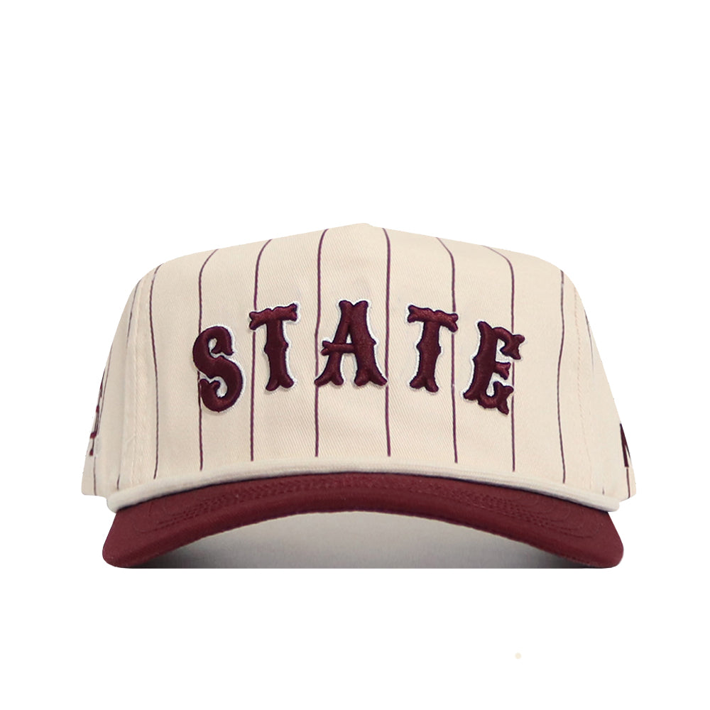 The No Rivals Mississippi State Walk Off Hat is a cream cotton snapback with thin maroon pinstripes, bold raised "STATE" lettering on the front, and a classic maroon brim.