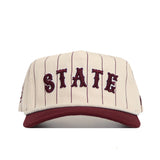 The No Rivals Mississippi State Walk Off Hat is a cream cotton snapback with thin maroon pinstripes, bold raised "STATE" lettering on the front, and a classic maroon brim.