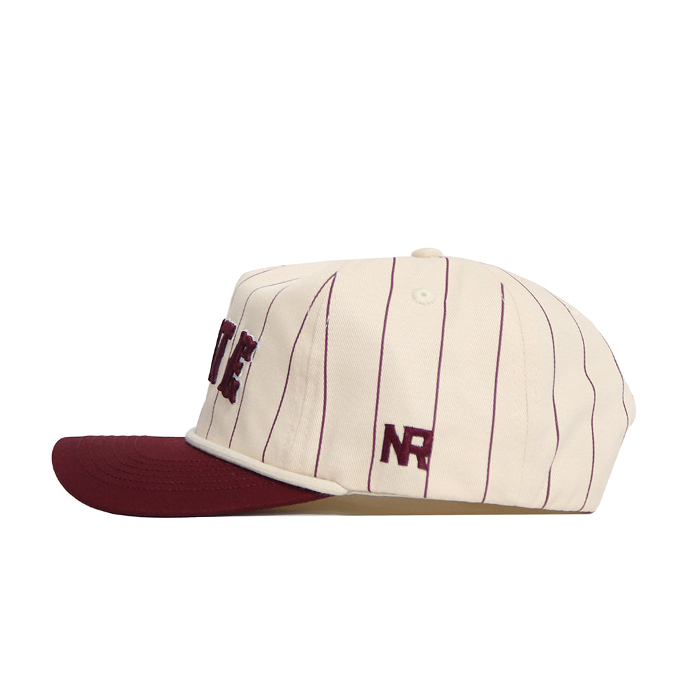 The Mississippi State Walk Off Hat by No Rivals features a cream snapback design with thin maroon pinstripes, a maroon brim, and NR embroidered on the side. Made from high-quality cotton, it has a structured crown and flat visor.