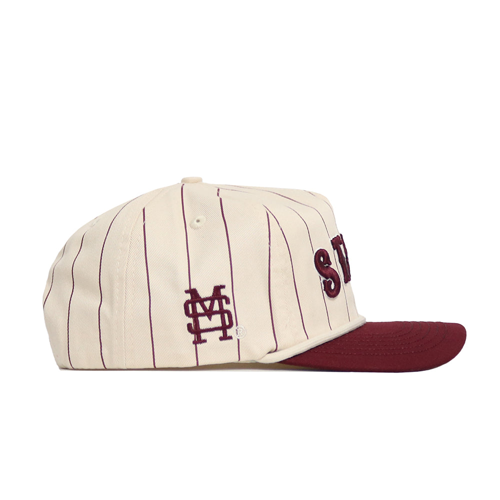 The No Rivals Mississippi State Walk Off Hat features cream fabric with thin maroon pinstripes, a maroon bill, and MS with partial SU lettering on the side. Made from high-quality cotton for lasting comfort.