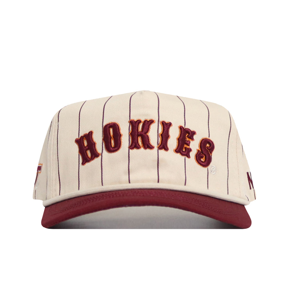 The No Rivals Virginia Tech Walk Off Hat features cream cotton fabric with thin maroon stripes, "HOKIES" embroidered in large maroon letters, an unstructured snapback fit, and a solid maroon brim.