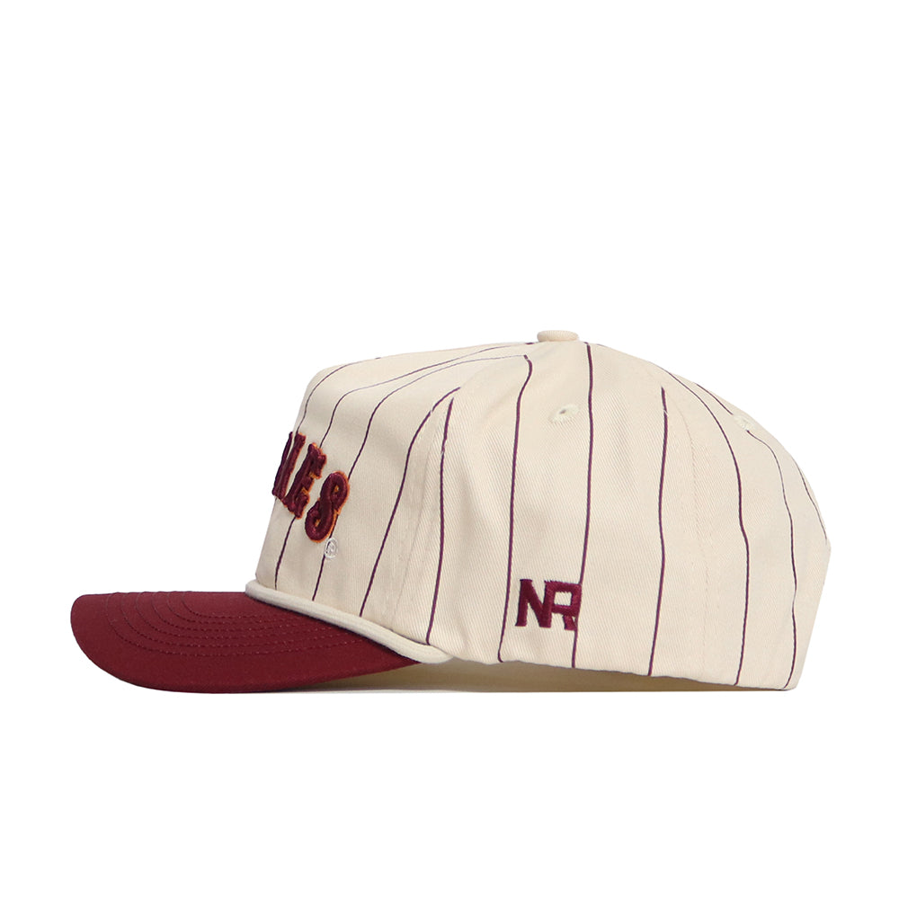 The No Rivals Virginia Tech Walk Off Hat features a cream snapback with thin burgundy pinstripes, a burgundy brim, 3D burgundy front embroidery, NR side detail, and premium cotton fabric for an unstructured fit.