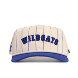 The No Rivals Kentucky Walk Off Hat is a beige snapback featuring blue pinstripes, a blue brim, and "WILDCATS" embroidered in blue on the front.