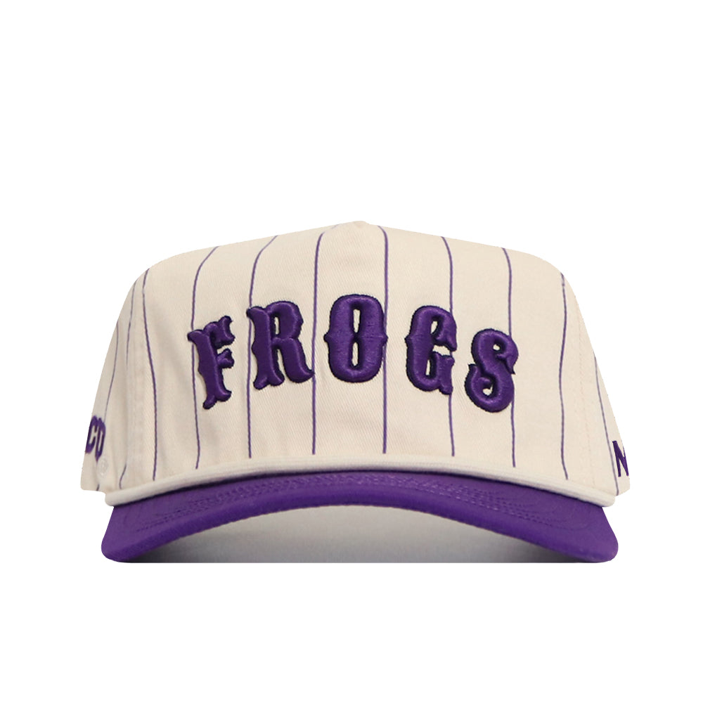 The No Rivals TCU Walk Off Hat features a cream snapback design with purple vertical pinstripes, soft cotton fabric, bold raised "FROGS" lettering on the front, matching purple brim, and an unstructured fit for comfort.