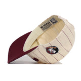 The No Rivals Florida State Walk Off Hat, featuring cream and maroon stripes, is displayed on its side to show the inside label and a logo of a Native American profile on the exterior.