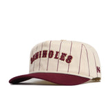 The No Rivals Florida State Walk Off Hat features cream cotton with thin maroon pinstripes, "SEMINOLES" embroidered in maroon on the front, a maroon brim, and an unstructured fit for casual comfort.