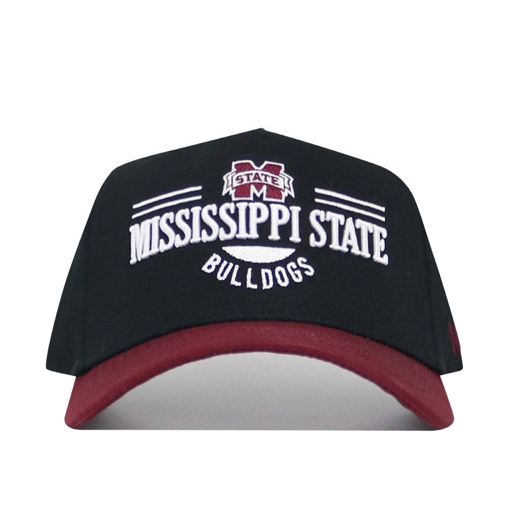 The No Rivals Mississippi State Tailgate Hat is a black snapback with a maroon brim, made from high-quality cotton, and features "Mississippi State Bulldogs" and the university logo embroidered in white on the front.