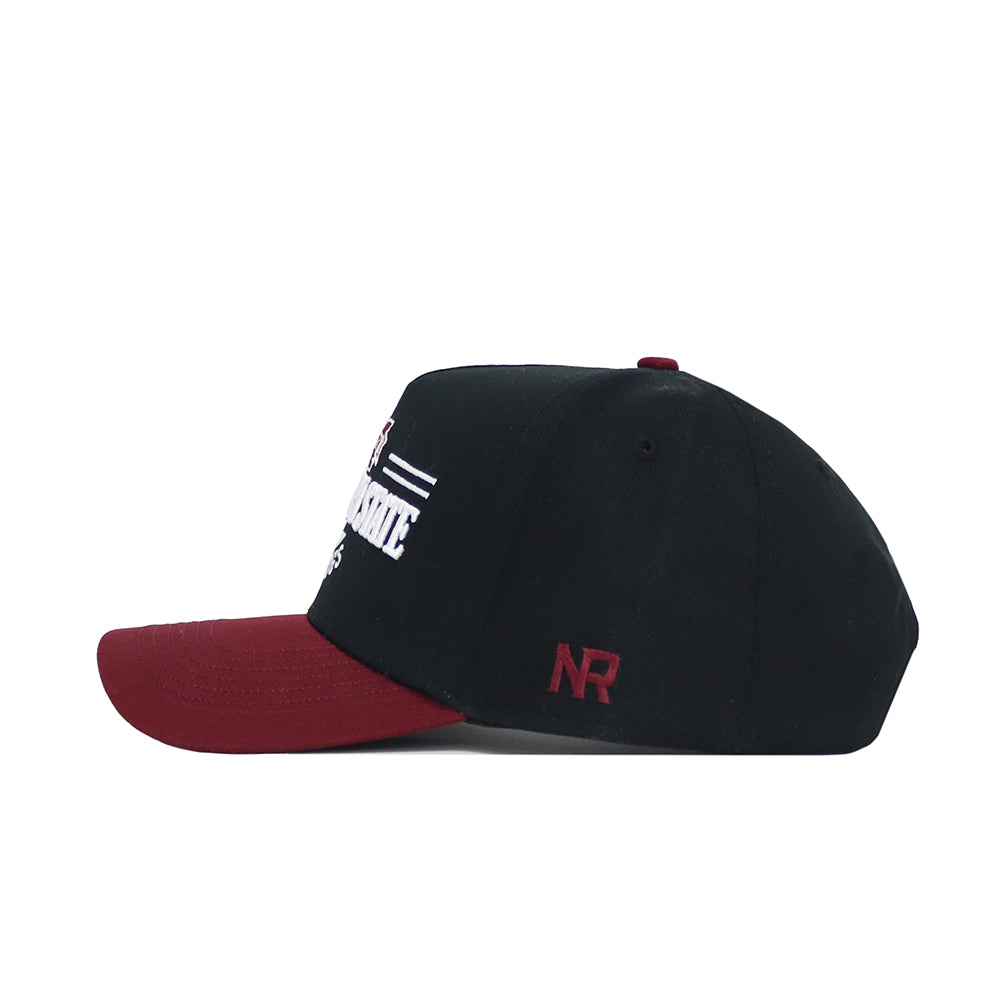 A side view of the Mississippi State Tailgate Hat by No Rivals, a black cotton baseball cap with a maroon brim. It showcases white embroidered text on the front and red NR initials stitched on the side for a premium feel.