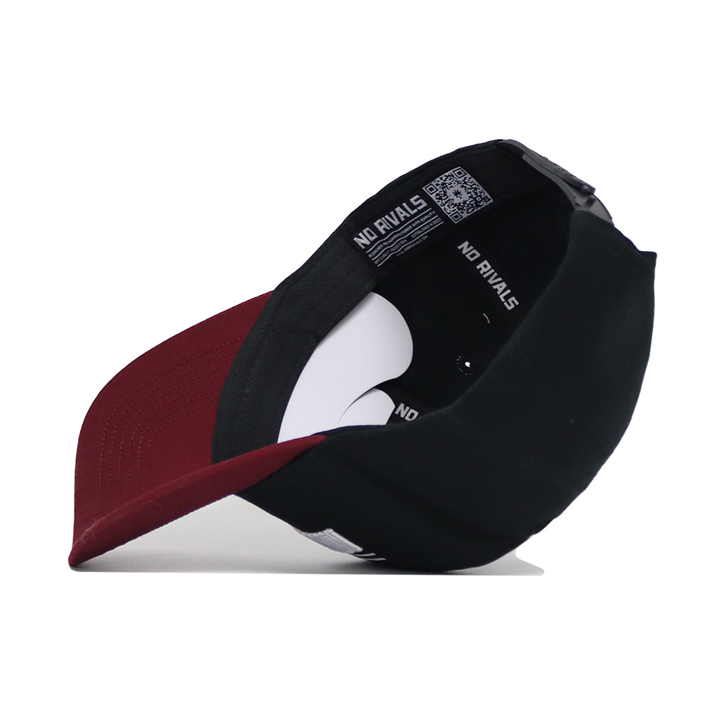 The No Rivals Mississippi State Tailgate Hat is a structured snapback with a black crown, maroon brim, and an interior band featuring white text and a QR code. Flip it to reveal its black lining detailed with team spirit.