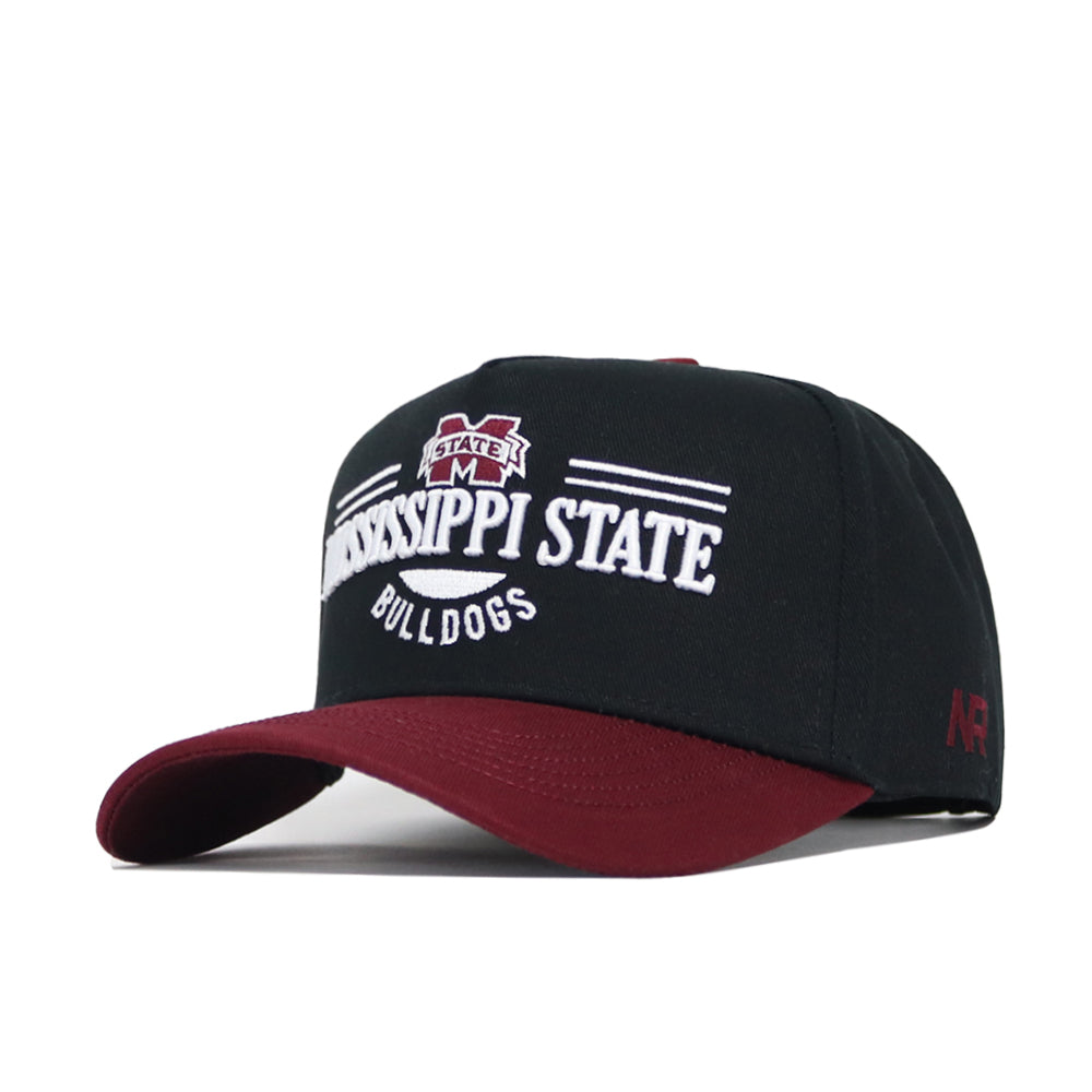 The No Rivals Mississippi State Tailgate Hat features a black and maroon snapback design with embroidered Bulldogs logo, maroon bill, white accent lines, structured fit, and high-quality cotton construction.