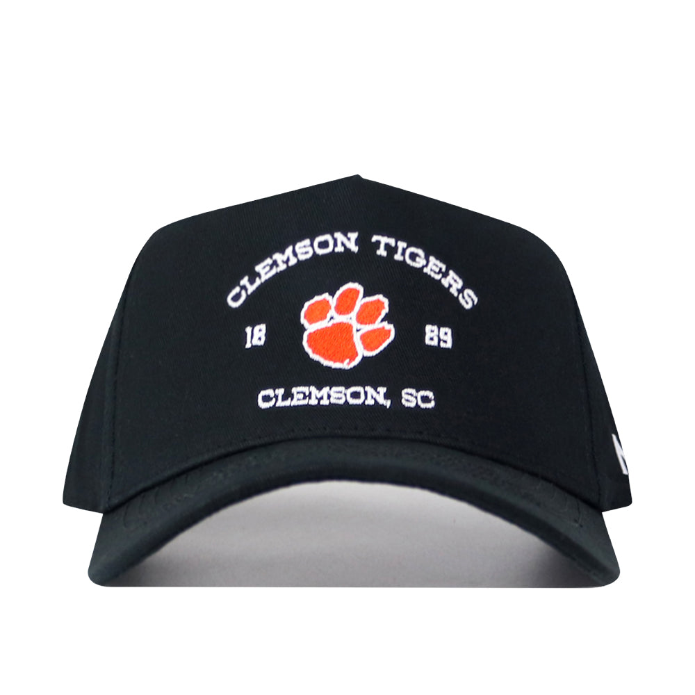No Rivals Clemson Outlaw Hat in black featuring an embroidered orange and white tiger paw logo with “Clemson Tigers,” “1889,” and “Clemson, SC” on the front. Designed with a classic snapback closure for a customizable gameday fit.