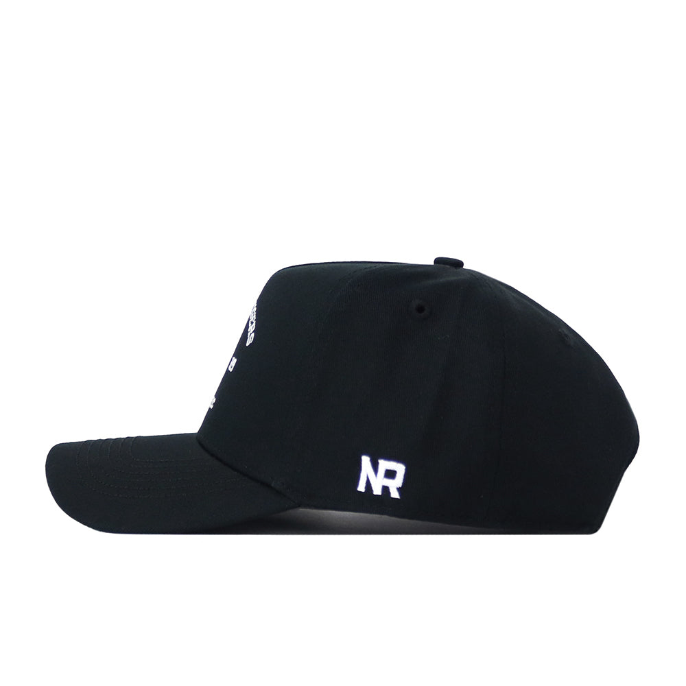 A side view of the Clemson Outlaw Hat in black by No Rivals, showcasing an embroidered white “NR” logo on the back panel and a snapback closure for the perfect gameday fit.