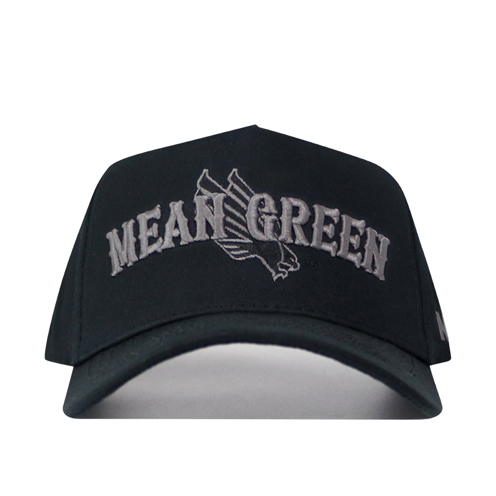 The UNT Night Mode Hat by No Rivals is a black snapback featuring “MEAN GREEN” and an eagle logo embroidered in gray on the front, with officially licensed embroidered logos.