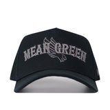 The UNT Night Mode Hat by No Rivals is a black snapback featuring “MEAN GREEN” and an eagle logo embroidered in gray on the front, with officially licensed embroidered logos.