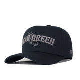 Introducing the UNT Night Mode Hat by No Rivals—a sleek black snapback featuring “Mean Green” and a detailed gray eagle embroidered on the front. Arched lettering and crisp embroidered logos lend a sharp appearance, while the curved bill and side logo complete this officially licensed cap.