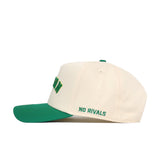The Right Side Up Oregon Hat - Classic by No Rivals is a cream snapback with a green brim and button, featuring "NO RIVALS" embroidered in green on the side.