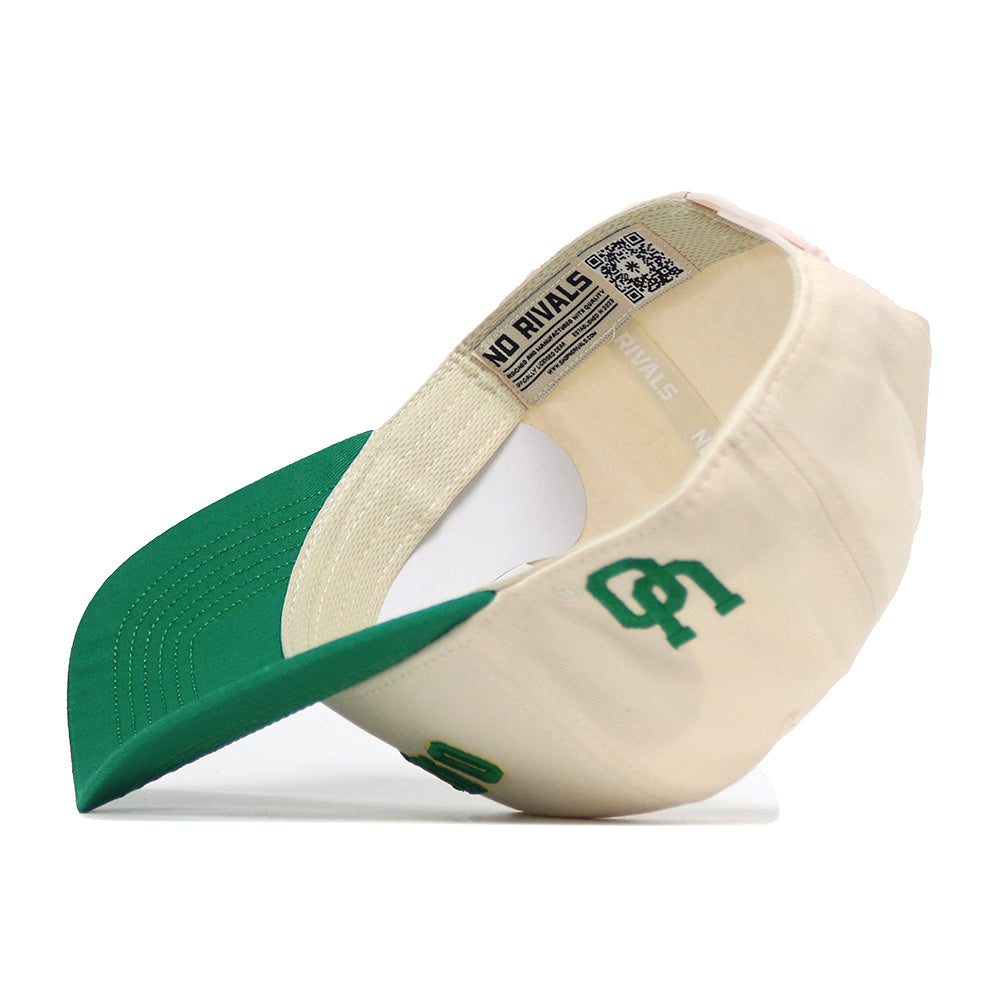 The Right Side Up Oregon Hat - Classic by No Rivals is a cream and green snapback with a green brim, embroidered CP logo, and a visible NO RIVALS label inside this officially licensed cap.