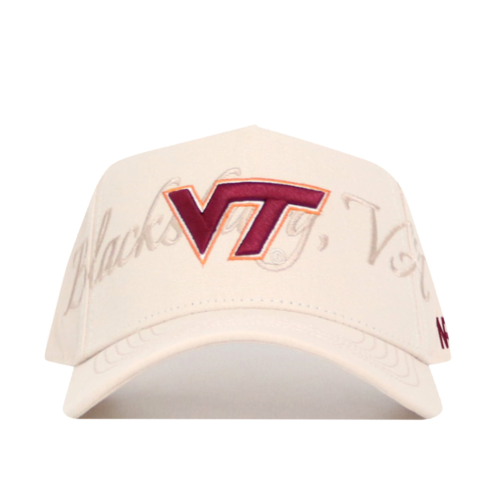 The No Rivals Virginia Tech Stacked Hat is a structured white cotton cap with a maroon and orange VT logo on the front and subtle "Blacksburg, VA" script in the background.
