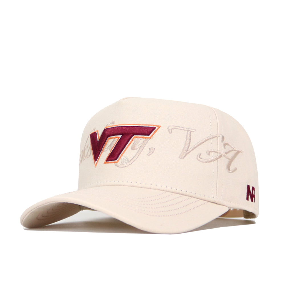 The No Rivals Virginia Tech Stacked Hat is a beige baseball cap with a large embroidered maroon and orange VT logo, subtle script in the background, a small VA and N on the side, and a structured fit for lasting shape.